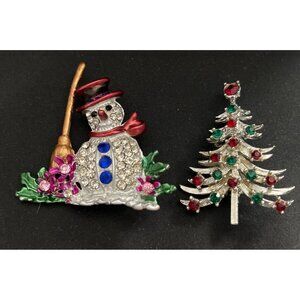 Christmas Holiday Brooches Pins Rhinestone Snowman & Silver Tone Christmas Tree